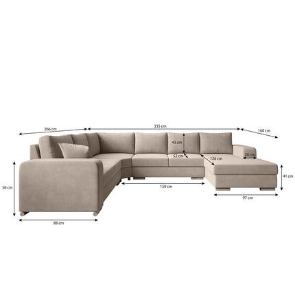UNICORN 5-seater corner sofa with chaise longue, beige-grey fabric Width 335 cm Height 56 cm Depth 266 cm