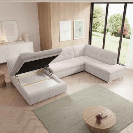 UNICORN 5-seater corner sofa with chaise longue, ribbed fabric, beige black