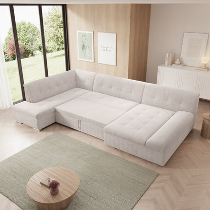 UNICORN 5-seater corner sofa with chaise longue, ribbed fabric, beige black
