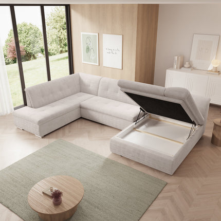 UNICORN 5-seater corner sofa with chaise longue, ribbed fabric, beige black