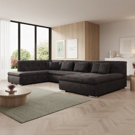UNICORN 5-seater corner sofa with chaise longue, ribbed fabric, beige black