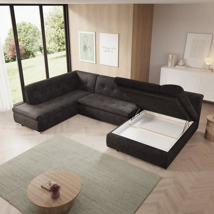 UNICORN 5-seater corner sofa with chaise longue, ribbed fabric, beige black