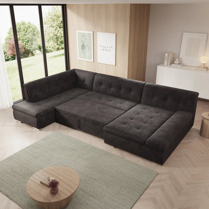 UNICORN 5-seater corner sofa with chaise longue, ribbed fabric, beige black