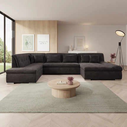 UNICORN 5-seater corner sofa with chaise longue, ribbed fabric, beige black