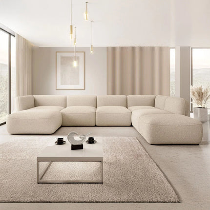 UNICORN Corner sofa 5-seater with chaise longue Teddy fabric taupe beige Width 372 cm Height 75 cm Depth 218 cm