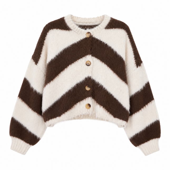 UNICORN Women's Brown Chevron Cardigan Fluffy Knitted Cardigan in Cream and Brown s m l xl