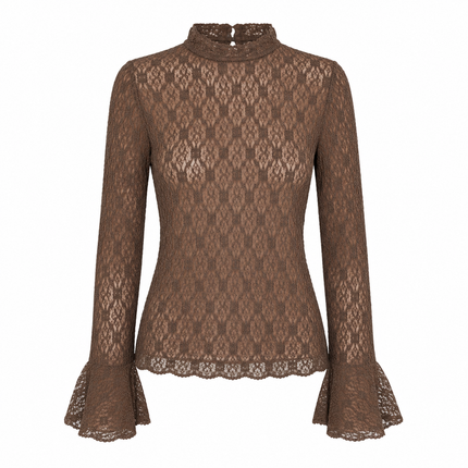 UNICORN Women's Lace Top Brown – Elegant Transparent Long Sleeve with Flared Sleeves s m l