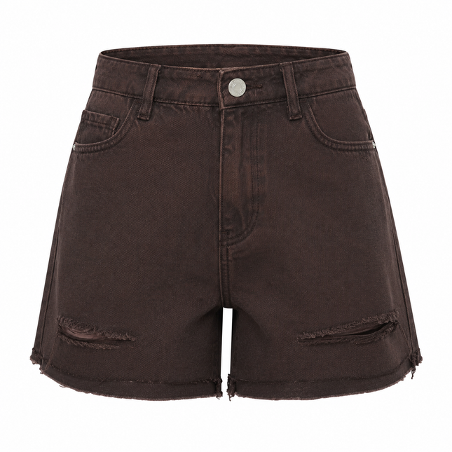 UNICORN Women's Dark Brown Denim Shorts – High Waist Jeans Shorts with Destroyed Details xs s m l xl
