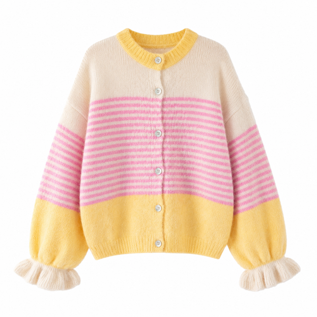 UNICORN Women's Pink Stripe Knit Cardigan with Puff Sleeves s m l xl
