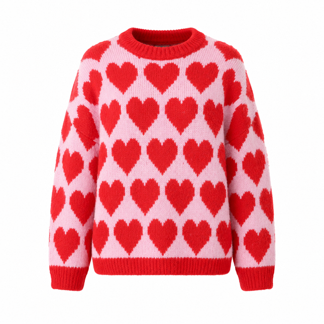 UNICORN Women's Pink Heart Knit Sweater with Red Heart Pattern s m l xl