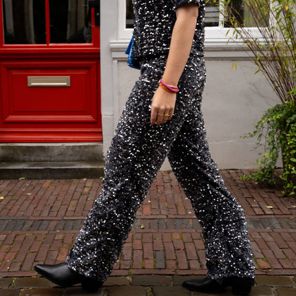 Kam wide broek zwart zilver