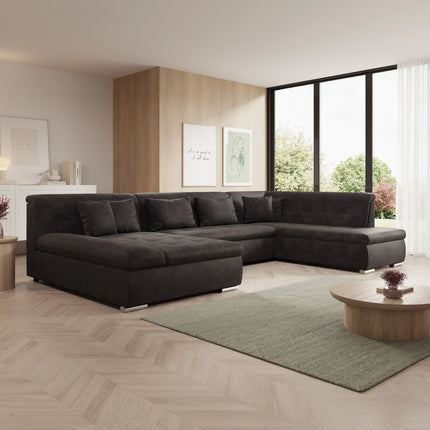 UNICORN 5-seater corner sofa with chaise longue, ribbed fabric, beige black