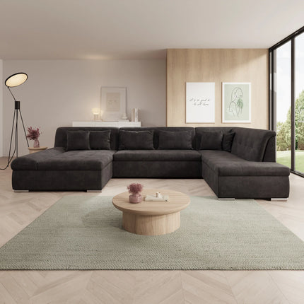 UNICORN 5-seater corner sofa with chaise longue, ribbed fabric, beige black