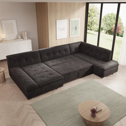 UNICORN 5-seater corner sofa with chaise longue, ribbed fabric, beige black