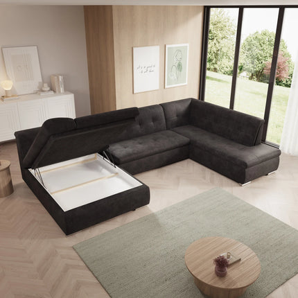 UNICORN 5-seater corner sofa with chaise longue, ribbed fabric, beige black
