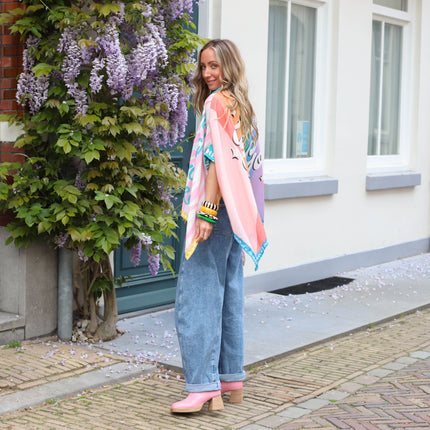 Blouse print roze blauw