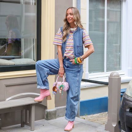 Shirt wit multi kleur streep geel roze