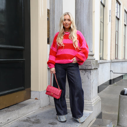 Streep knit fuchsia rood