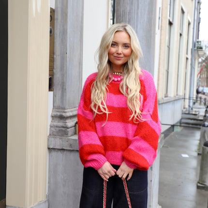Streep knit fuchsia rood