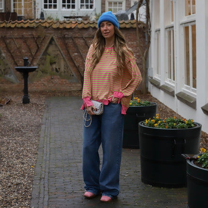 Oversized streep sweater roze groen