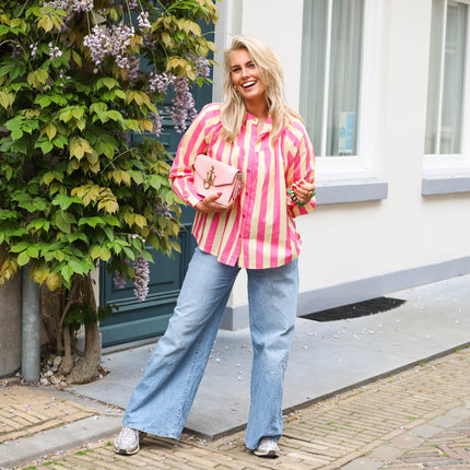 Streep blouse katoen roze geel
