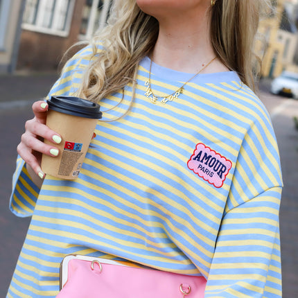 Korte mouw amour top geel blauw