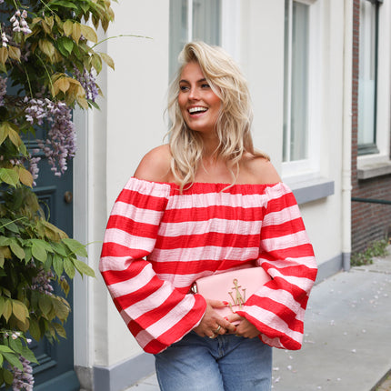 Off shoulder streep top roze rood