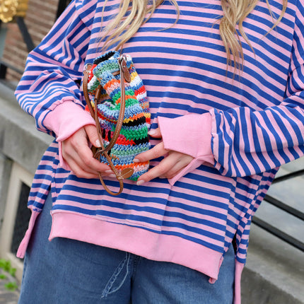 Oversized streep sweater roze blauw