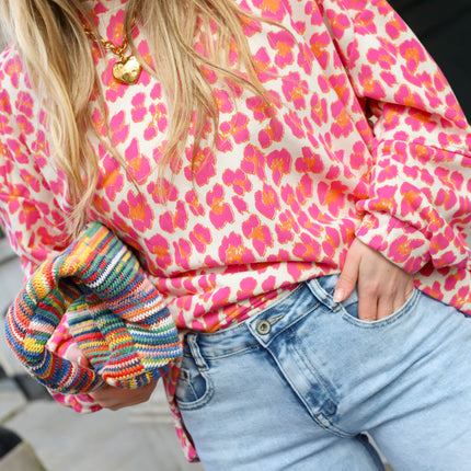 Leopard Lisa sweater ecru fuchsia oranje