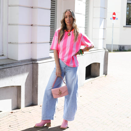 Shirt roze verticaal streep knalroze