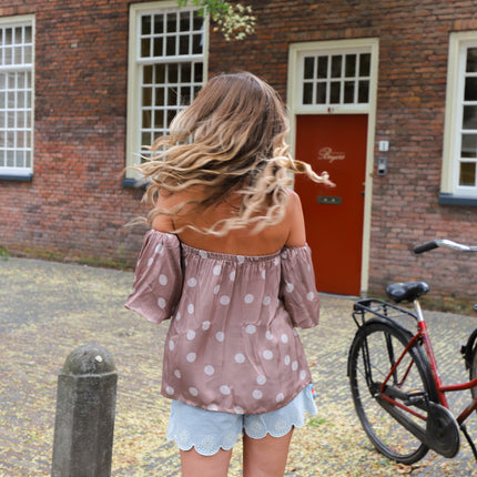 Stippen top off shoulder roze
