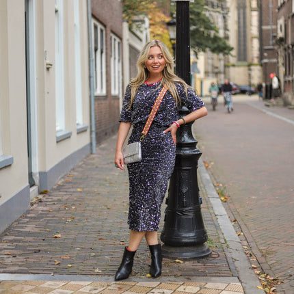 Kam midi rok glitter zwart paars