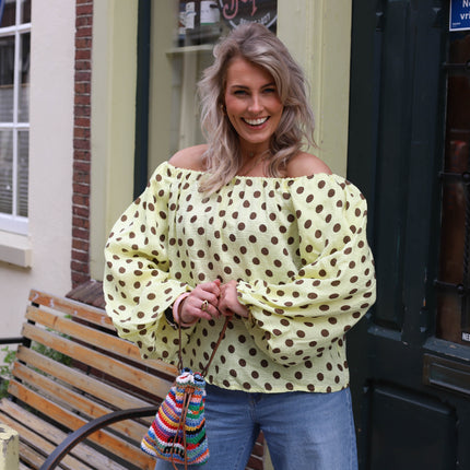 Off shoulder top stippen geel