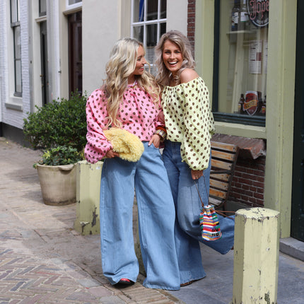 Off shoulder top stippen geel