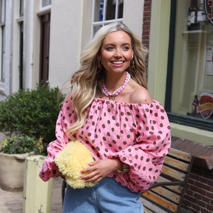Off shoulder top stippen roze
