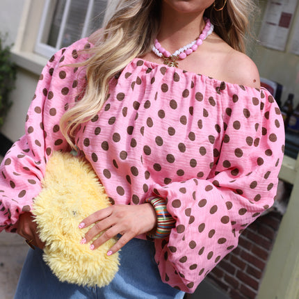 Off shoulder top stippen roze