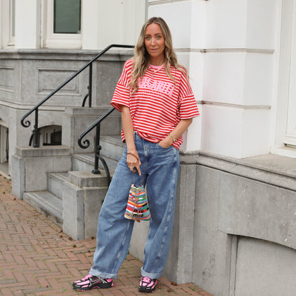Margaritha tee streep roze rood