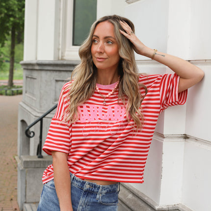 Margaritha tee streep roze rood