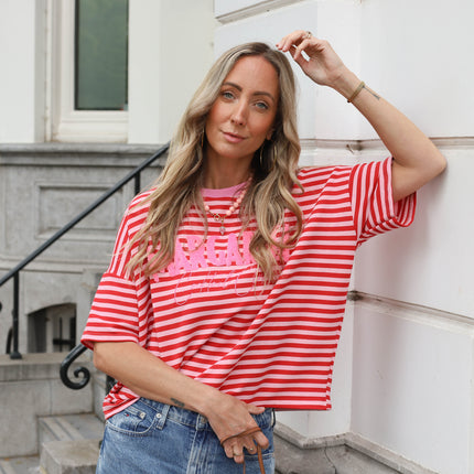 Margaritha tee streep roze rood