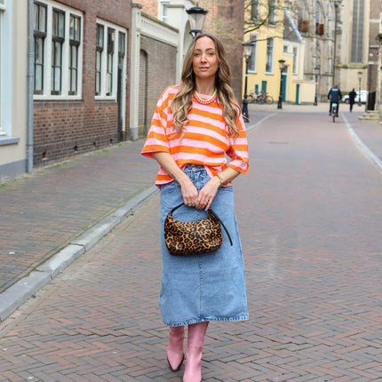 Top streep korte mouw roze oranje