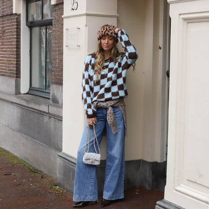 Mohair blokjes trui blauw bruin