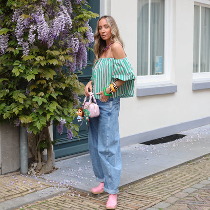 Off shoulder streep top groen roze