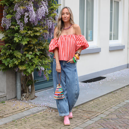 Off shoulder streep top koraal roze