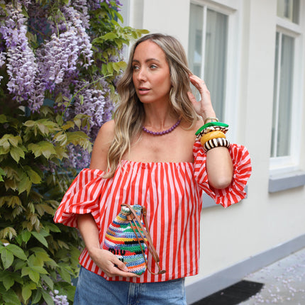 Off shoulder streep top koraal roze