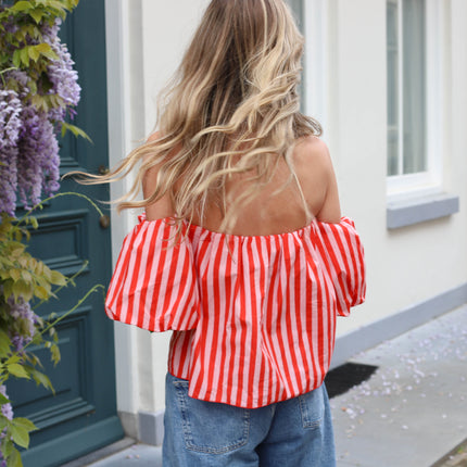 Off shoulder streep top koraal roze