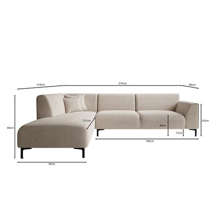 UNICORN Corner sofa 4-seater with chaise longue Ribbed fabric beige brown Width 274 cm Height 84 cm Depth 210 cm