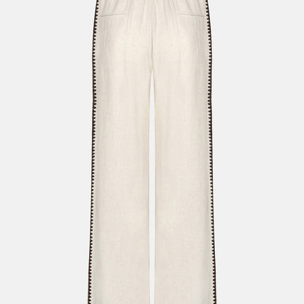 UNICORN Women's Ecru Wide Leg Trousers with Contrasting Crochet Side Trim – Linen Look xs s m l xl