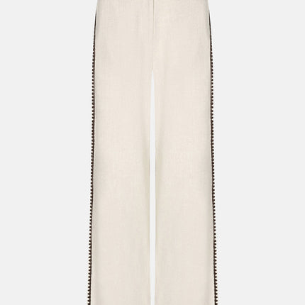 UNICORN Women's Ecru Wide Leg Trousers with Contrasting Crochet Side Trim – Linen Look xs s m l xl