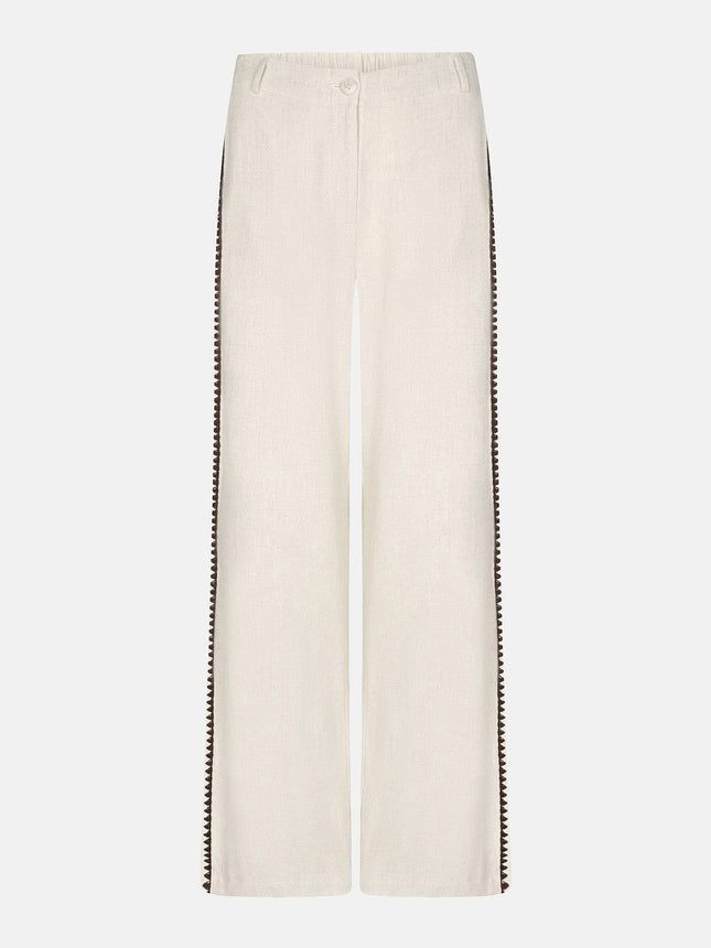 UNICORN Women's Ecru Wide Leg Trousers with Contrasting Crochet Side Trim – Linen Look xs s m l xl