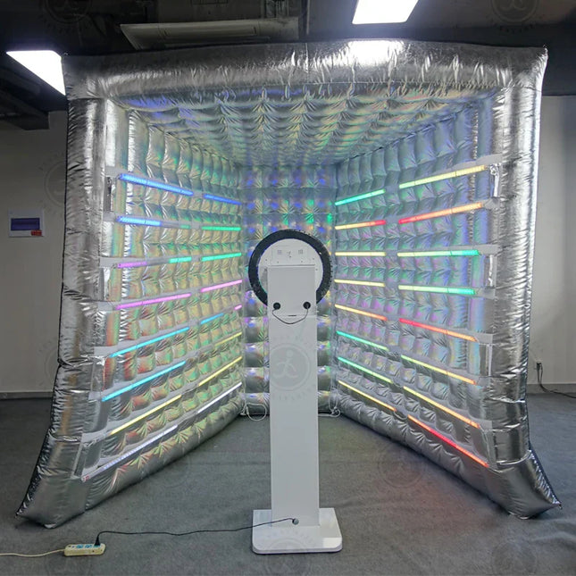 UNICORN Inflatable Photo Booth Enclosure with 32pcs LED Light Tube and Air Blower Photo Booth Backdrop for Wedding, Party or Studio Session Silver